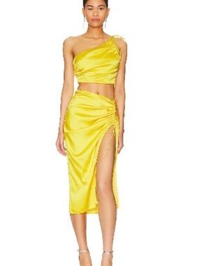 superdown Yellow One-Shoulder Midi Dress with Side Ruched Slit